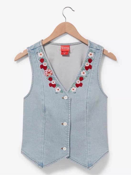 Strawberry Shortcake Jackets & Blazers - Strawberry Shortcake Embroidered Denim Vest BoxLunch Exclusive S/M Light Wash
